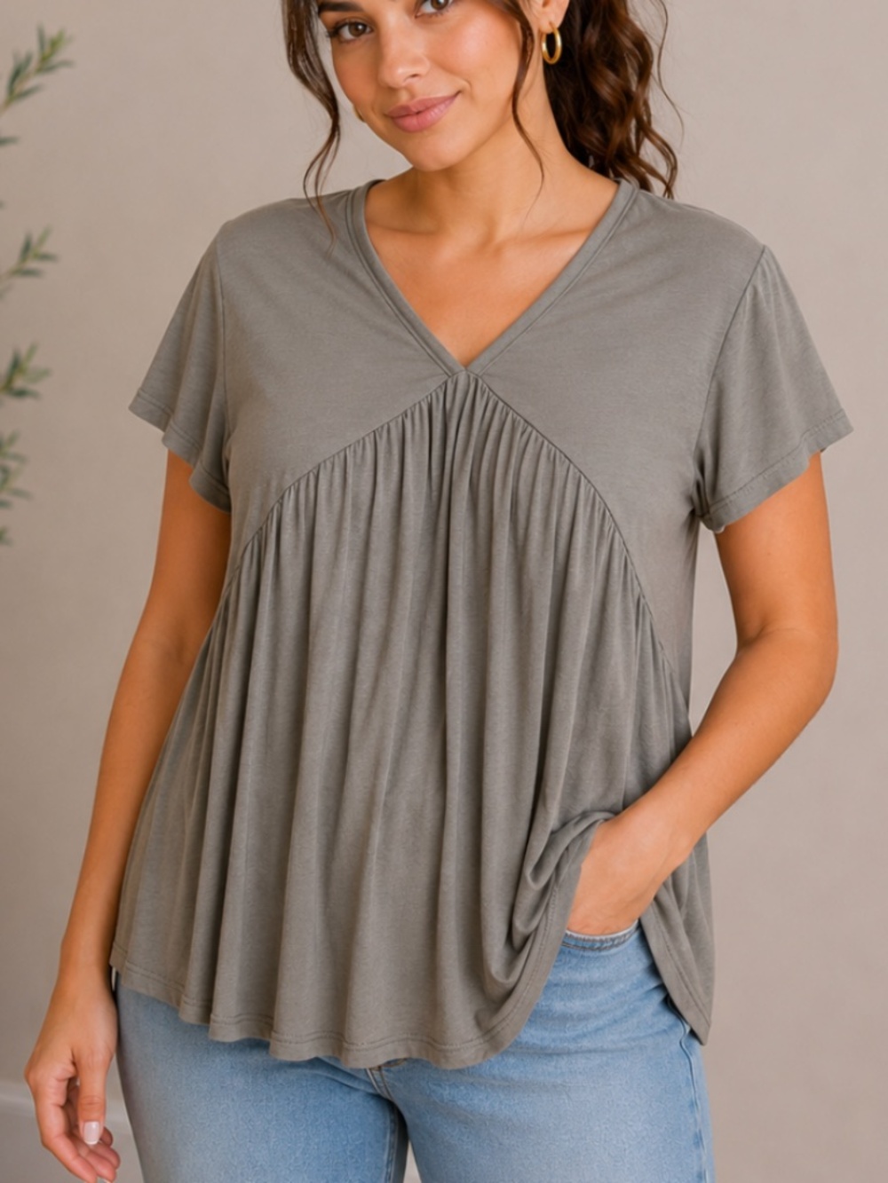 MST Women’s Gray V-Neck Babydoll Short Sleeve Top, size Large